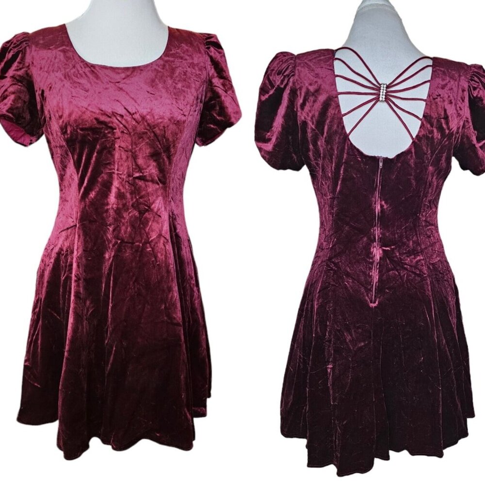 Vintage Womens Medium Velvet Formal Dress Strappy‎ Back Fit N Flare 90s Burgandy - Picture 11 of 11